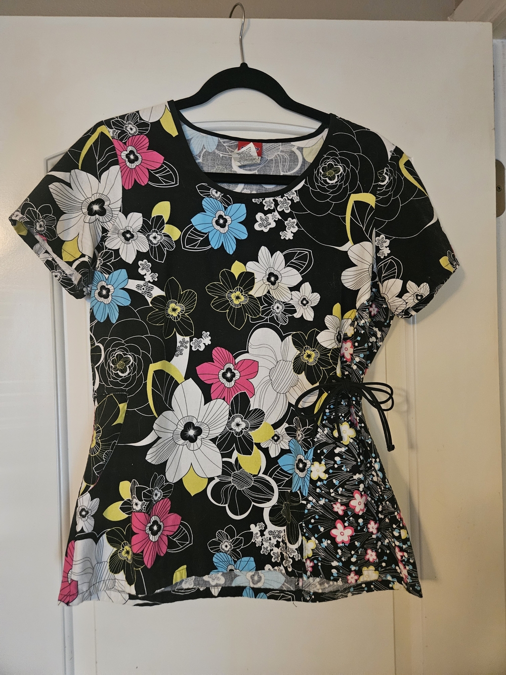 Floral Side-Tie Women's Top in Black with Multicolor Flowers